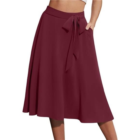 Women's A-Line Midi Skirt with Pockets High Waist Wine Red - Picture 1 of 3